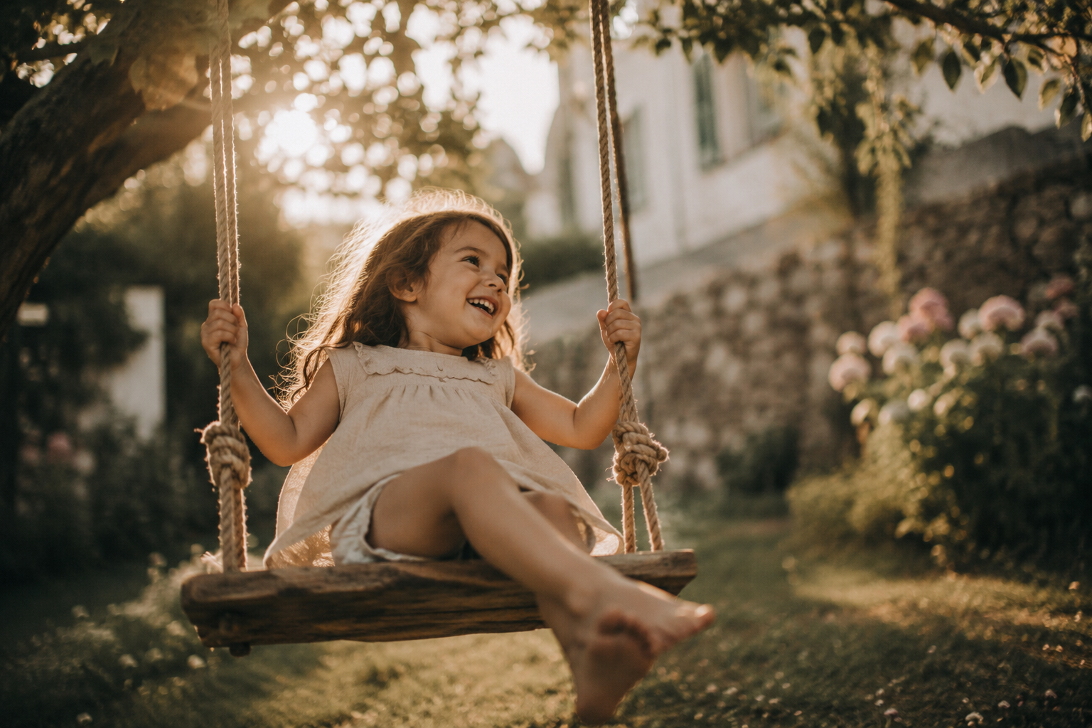 A child laughing on a wooden rope swing in golden evening light